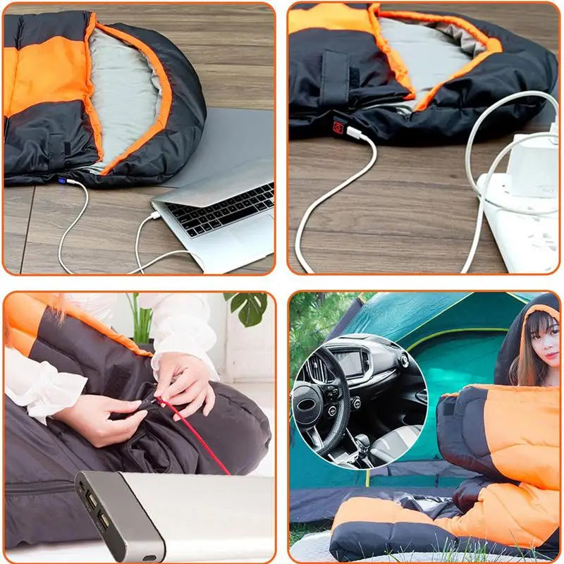 Outdoor Camping Heated Sleeping Bags USB Powered Heating Pad 3-Level Winter Warm Sleeping Bag with Compression Bag for Hiking