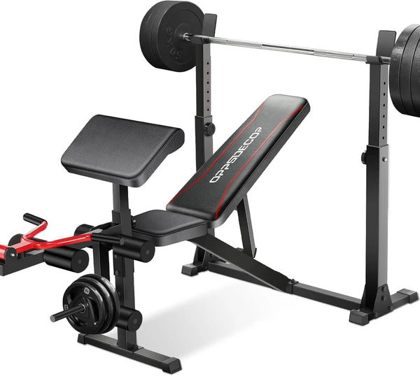 900LBS Weight Bench Set with Squat Rack Preacher Curl Weight Bench with Leg Extension Workout Bench for Home Gym