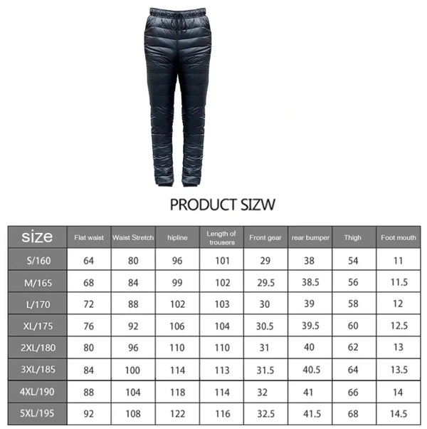 Outdoor Thermal Goose Down Pants Both Side Open Zipper Windproof Waterproof Camping Climbing Men Women Winter Trousers S-5XL