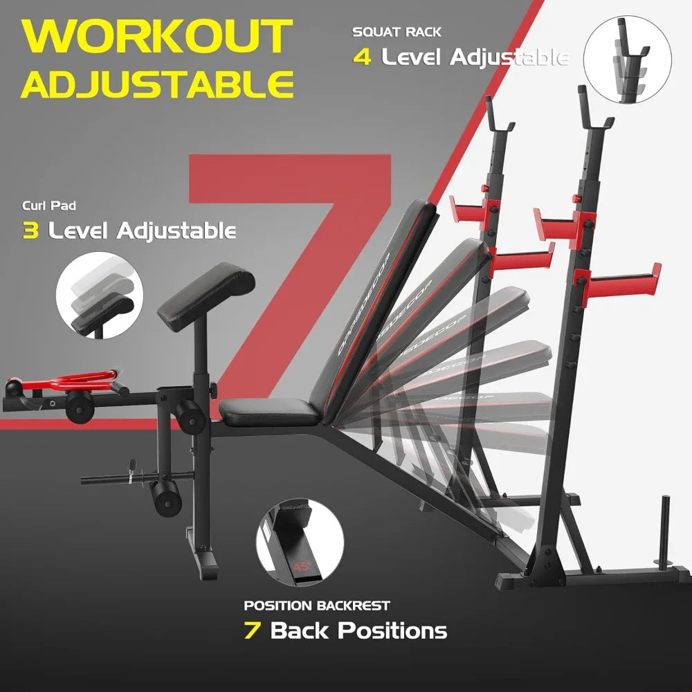 900LBS Weight Bench Set with Squat Rack Preacher Curl Weight Bench with Leg Extension Workout Bench for Home Gym