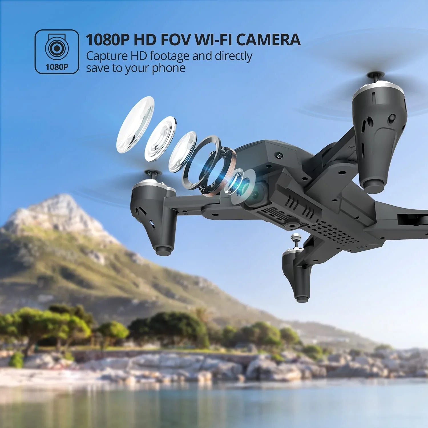 Deerc D10 Drone, 1080P FHD FPV, Gravity Control, Altitude Hold, Headless Mode, Waypoints, Case, 2 Batteries
