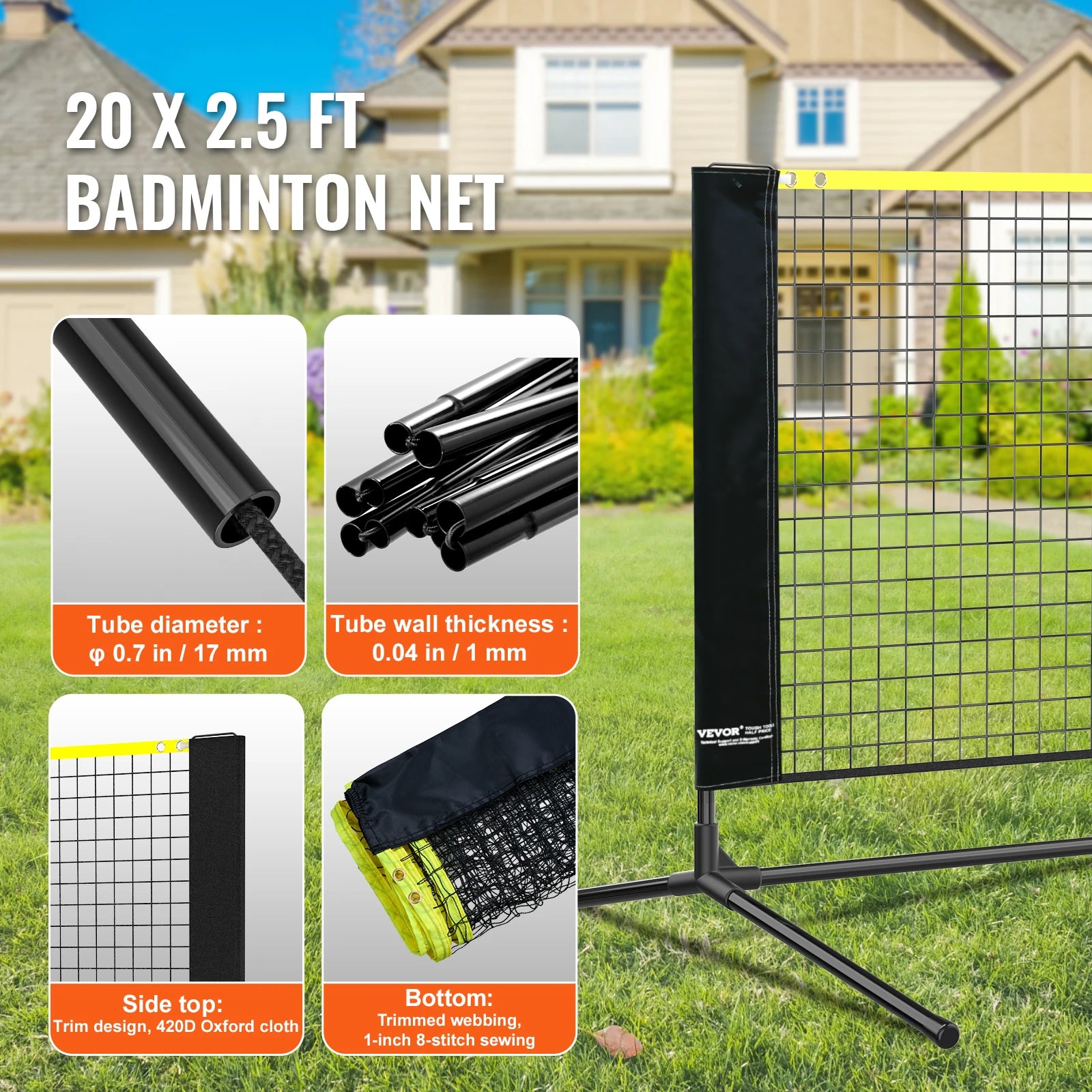 VEVOR 20FT Badminton Net Height Adjustable Volleyball Net Wide Foldable Pickleball Net Portable Tennis Net Set with Poles Stand