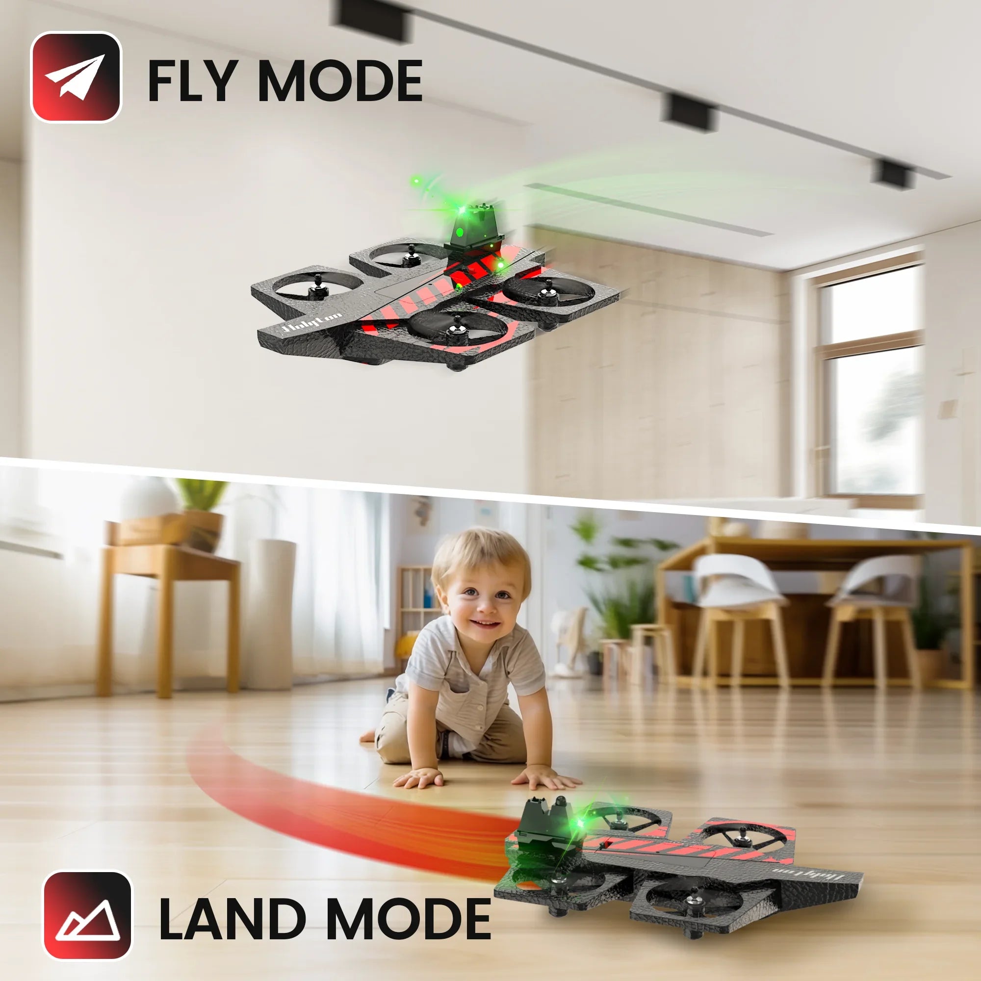 Holyton HT40: 2-in-1 RC Drone for All, Beginner-Friendly, Modes: Land/Fly, Altitude Hold, Headless, 3D Flips, Emergency Stop,C0.